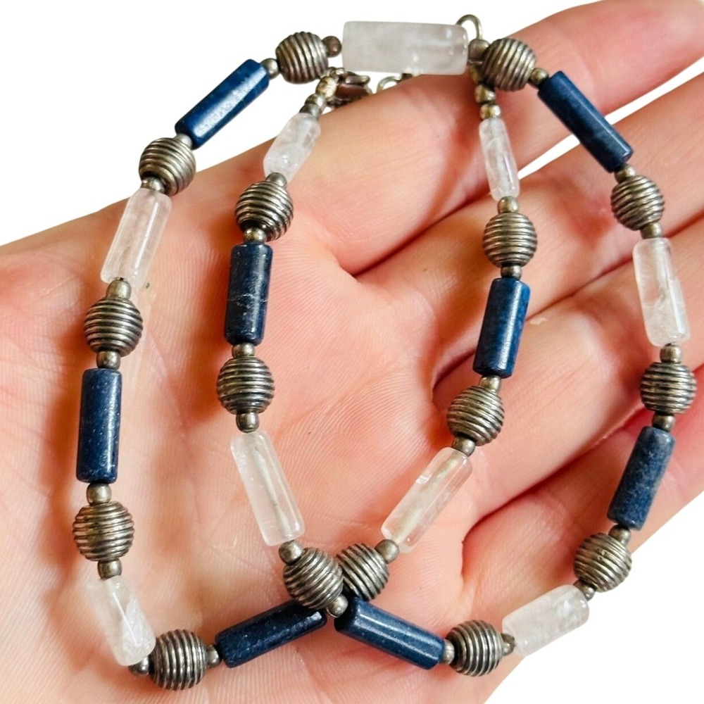 VTG Blue lazuli Lapis Quartz‎ Power Necklace natural tube beads BOHO silver 16"